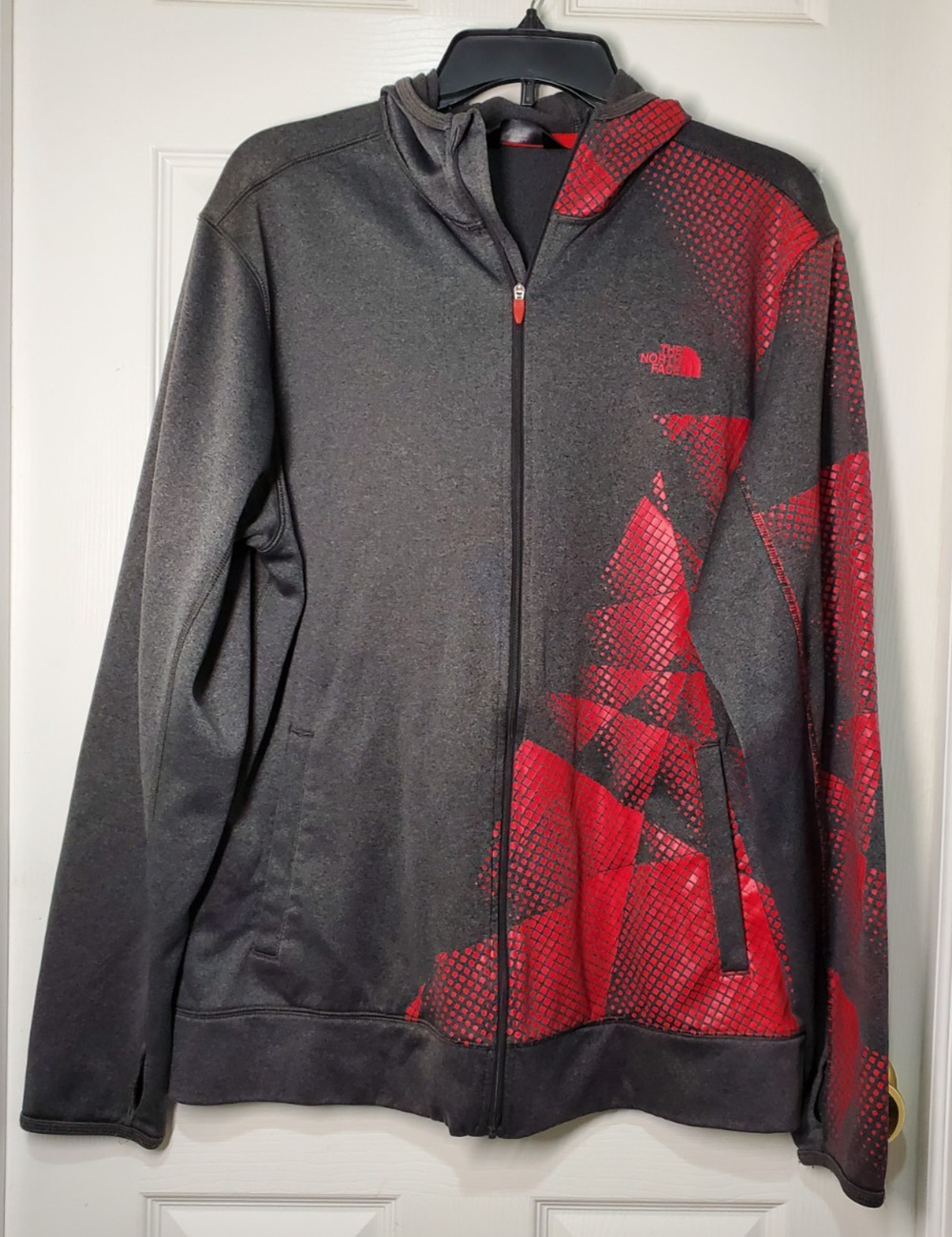 The North Face Hoodie Jacket Mens Large Gray Red Full Zip Performance Sweatshirt